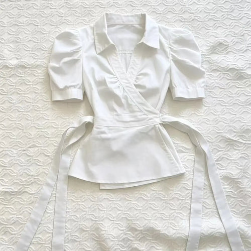 Vintage Elegant Tees Women Slim Back Bandage Shirt Button High Neck