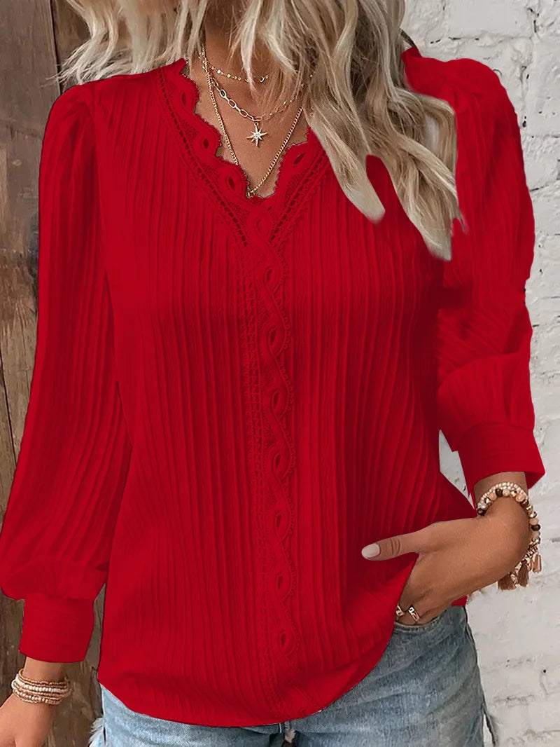 Elegant Summer Hollow Lace Patchwork Women Shirt Chic Blouse V Neck