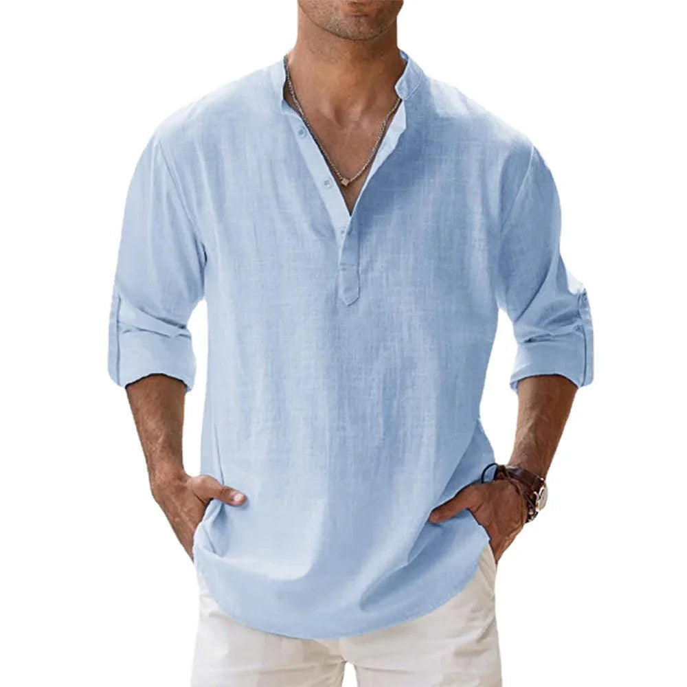 Cotton Linen Hot Sale Men's Short-Sleeved Shirts Summer Solid Color
