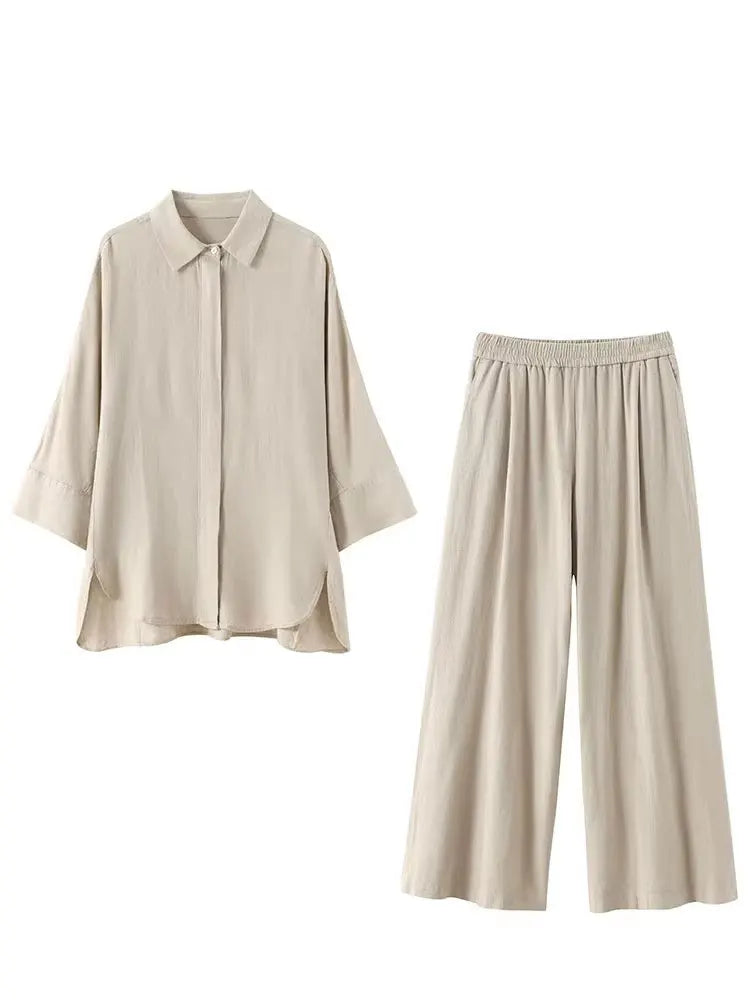 HH Women Casual Solid Blouse Pant Sets Loose Long Sleeve Lapel Shirts