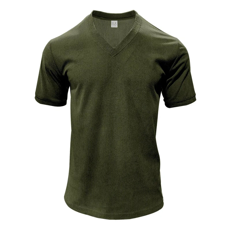 Men's Corduroy European and American Summer Men's V-Neck Solid Color