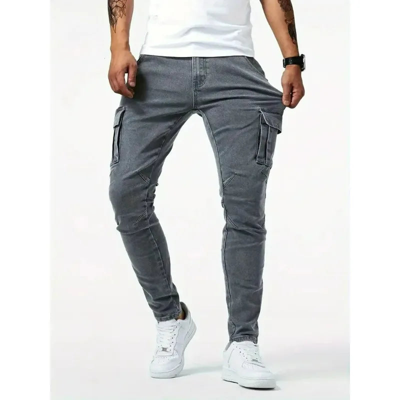 Street Elastic Jeans Men Denim Cargo Pants Wash Solid Color Multi