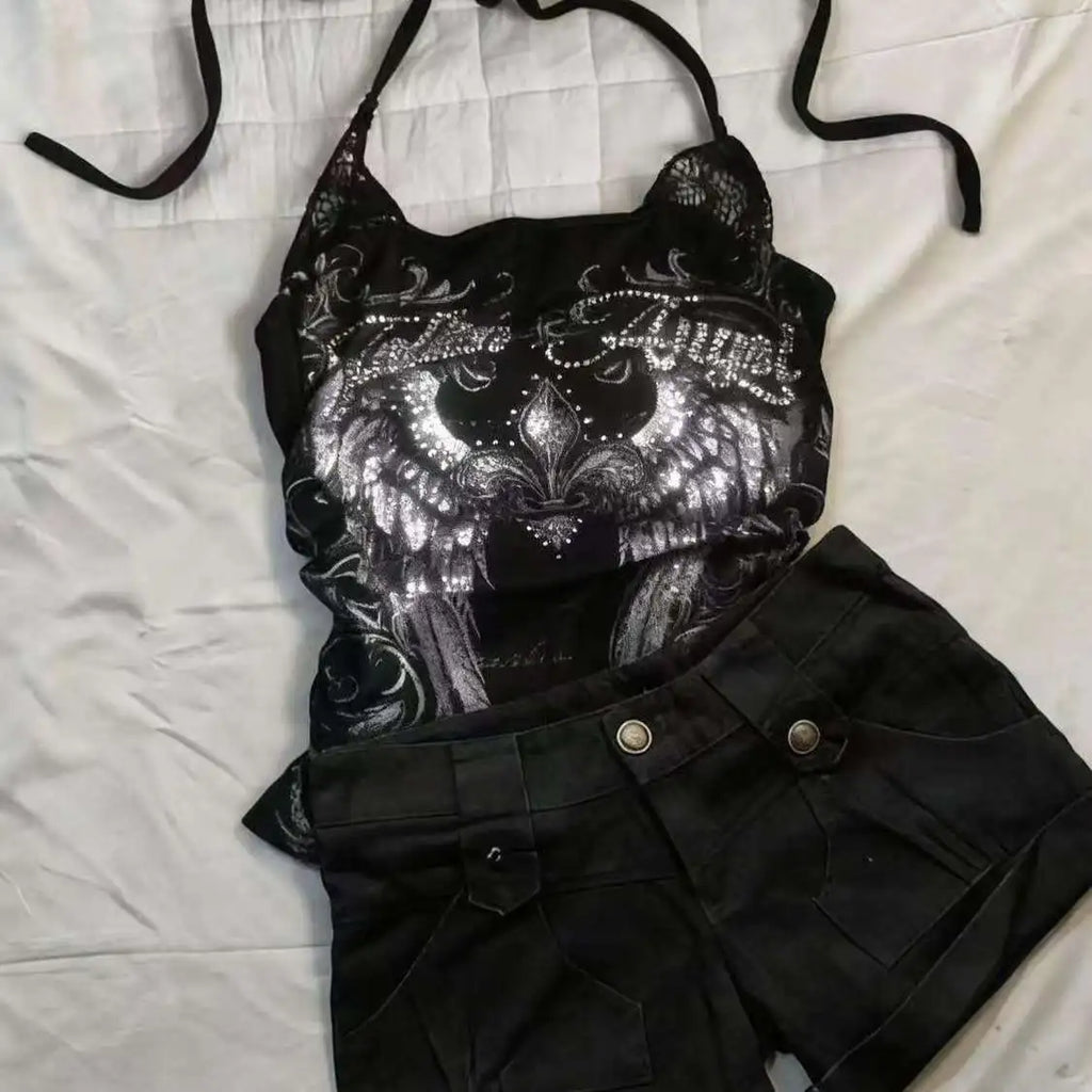 Cool Gothic Punk Halter Tops For Women Y2K Vintage Printed Sleeveless