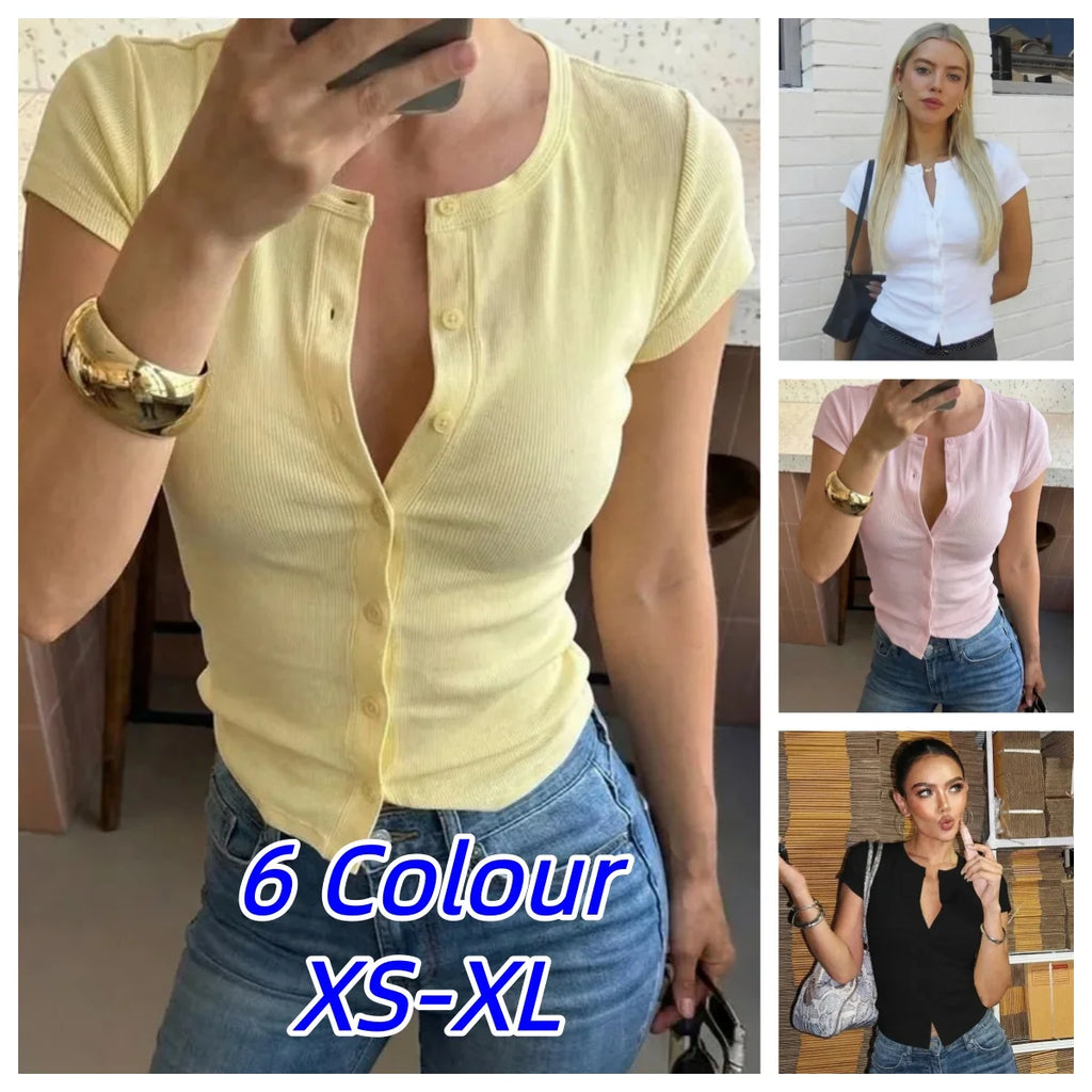 Fashion New T-Shirt Women's Casual Solid Slim-Fit Crew Neck Cardigan