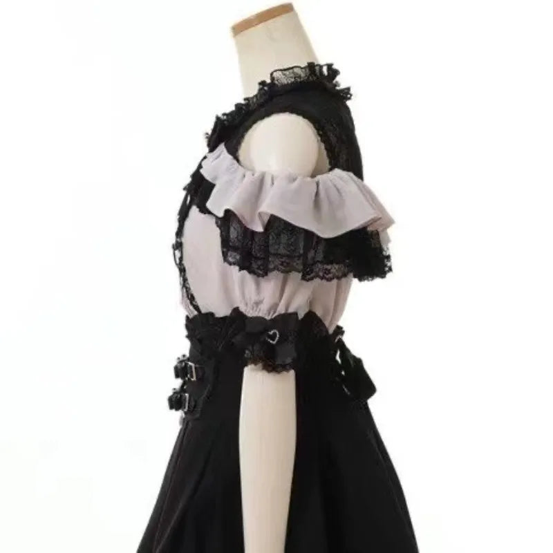 Summer Japanese Sweet Lolita Blouses Women Elegant Love Heart Bow Off