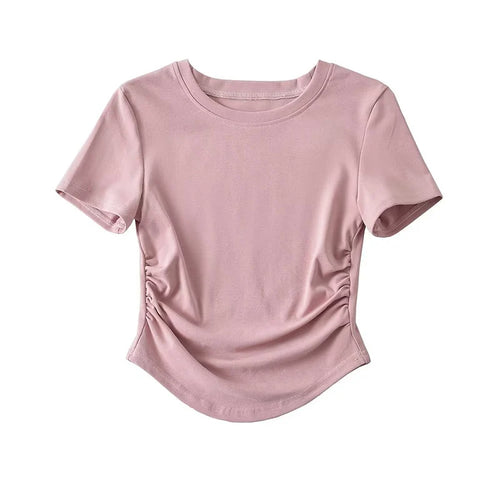 2024 Harajuku Women Crew Neck Short Sleeve Cotton Tee With Ruched