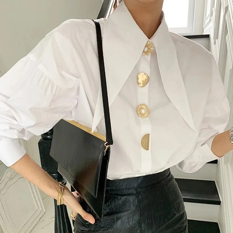 White Elegant Pearl Women Shirts Korean Sharp Corner Collar Loose Long