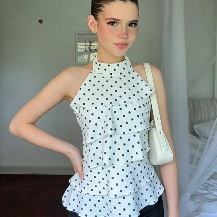 Polka Dot Print Halter Tiered Ruffle Top Women Back Tie Bow Sleeveless