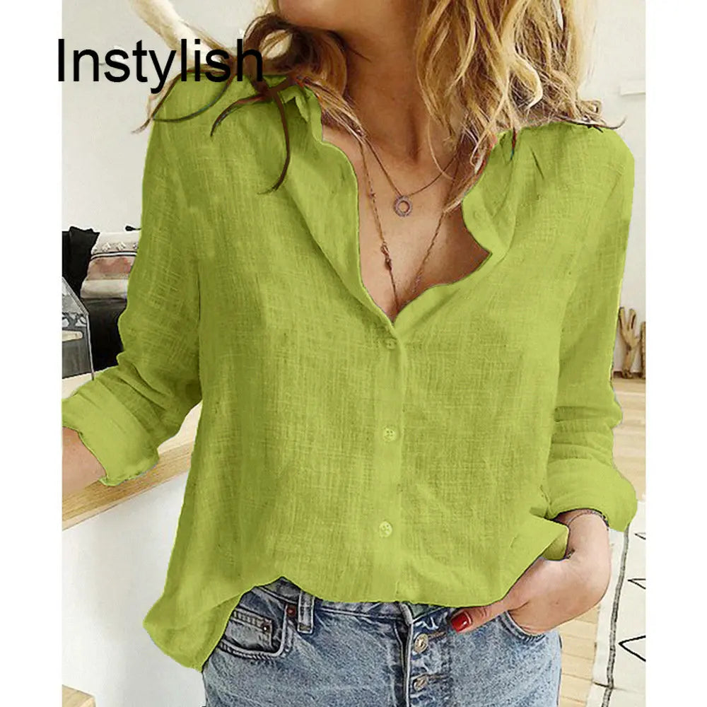 Women Casual Long Sleeve Cotton Linen Loose Shirt Elegant Solid