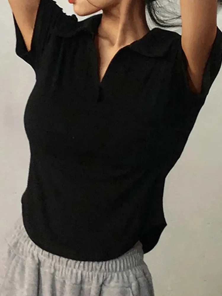 Summer Short Sleeve Lapel Top Women'S Solid V-Neck Pullovers Retro
