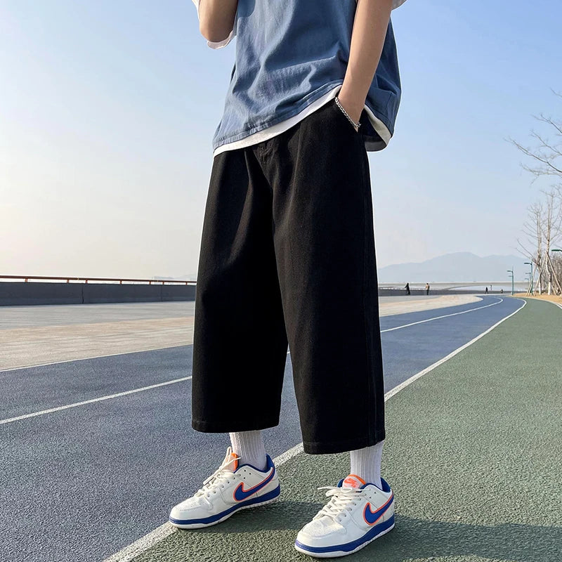 High Quality New Summer Men's Cropped Jeans Loose Straight Leg Casual