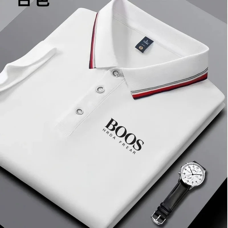 Men's business casual Polo shirt with striped collar and letter