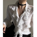 Harajuku Vintage Women Bottoming Shirt Stand Collar Ruffles Slim Fit