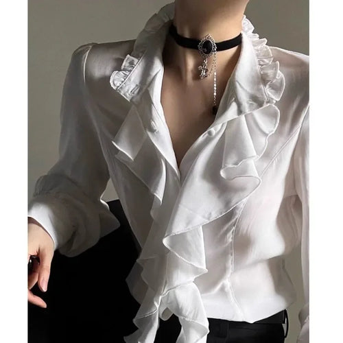 Harajuku Vintage Women Bottoming Shirt Stand Collar Ruffles Slim Fit
