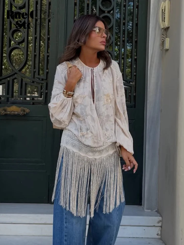 Beige Embroidered Long Tunic Tops Women Chic V Neck Long Sleeves Lace