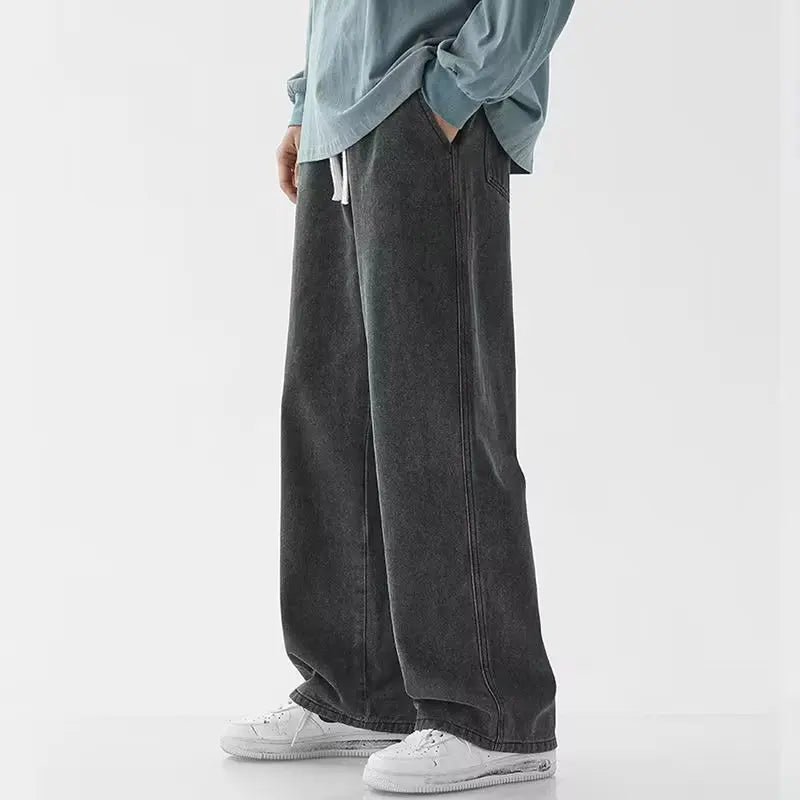 Light Wash Men's Drawstring Jeans Loose Straight Leg Floor-Length