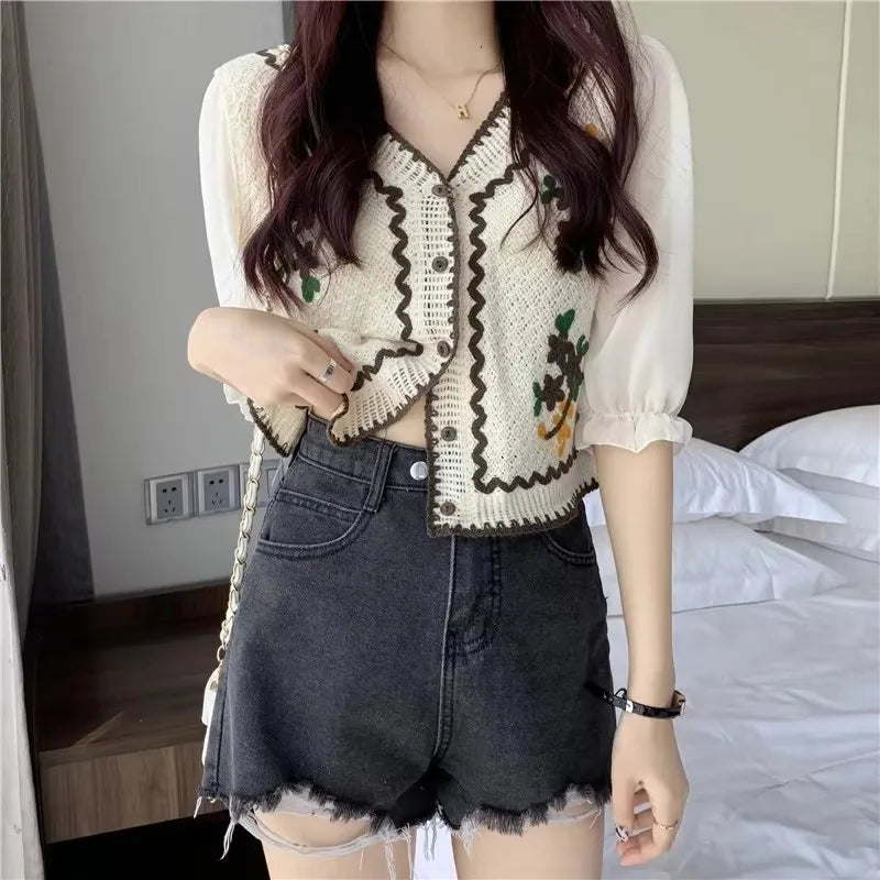 Flower Embroidery Crochet Blouse with Chiffon Sleeve Button Front
