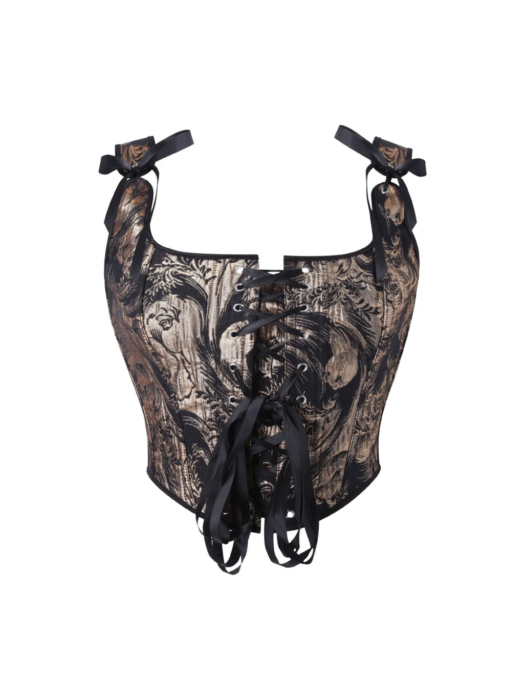Women's Bow Tie Strap Jacquard Corset Top Front Lace Up Square Neck