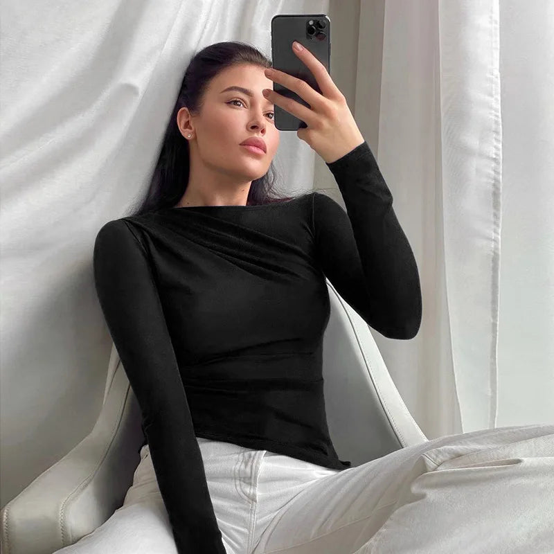 Long Sleeve Top White T-Shirts Women Basic Crop Top Autumn Pollover