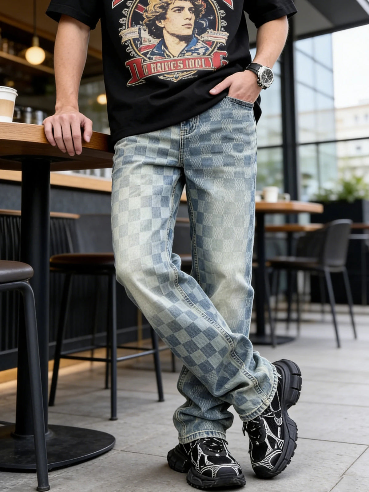 Trendy Street-Style Gradient Checkered Straight-Leg Jeans for Men,
