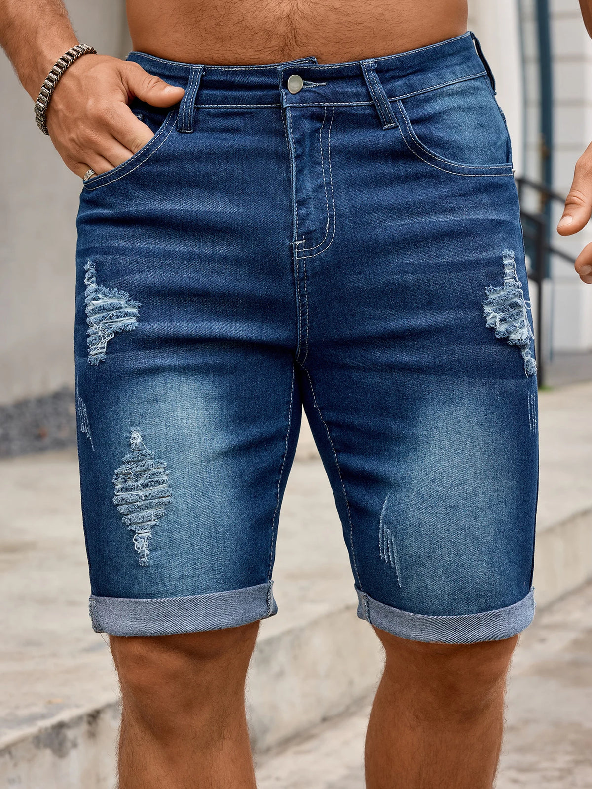 Men Denim Trousers Jeans Shorts Pants, Ripped Hole Rolled Hem Mid
