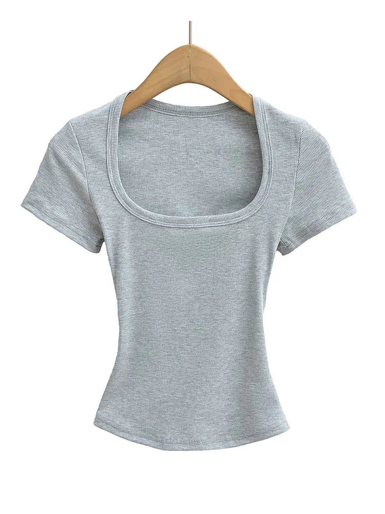 Square Collar High Stretch Summer Crop Tops Women Short Sleeve Tops