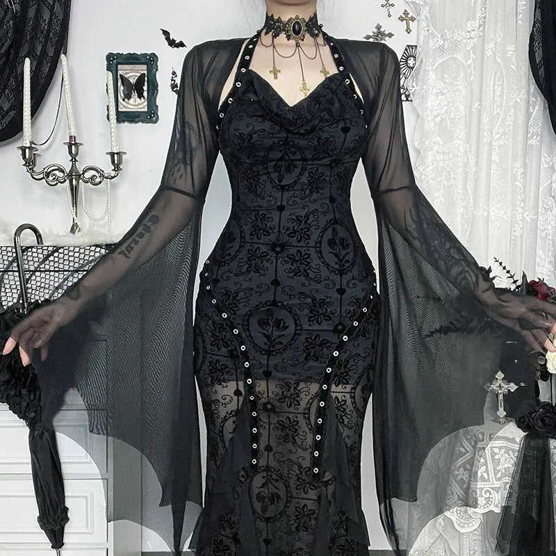 Goth Dark Mall Gothic Mesh See Through Crop Shrug Tops Women Chic Coat