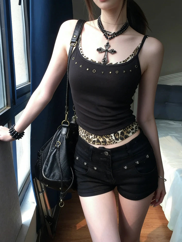 Genayooa Gothic Vintage Tank Tops Women Patchwork Leopard Fake Two