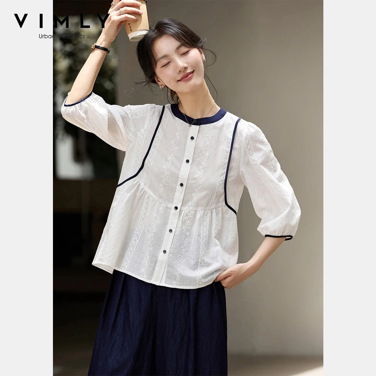 VIMLY Elegant Women Cotton White Blouse 2026 Spring Summer Embroidery