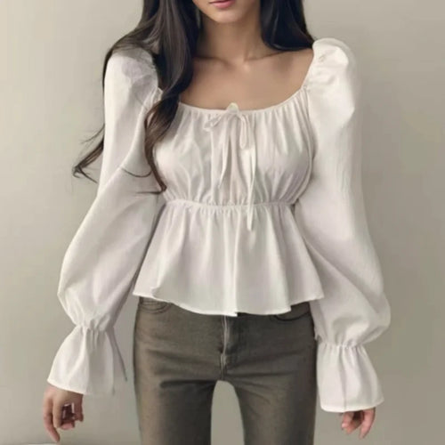2025 Fashion New Ruffle White Long sleeved Women's Blouses Square Neck