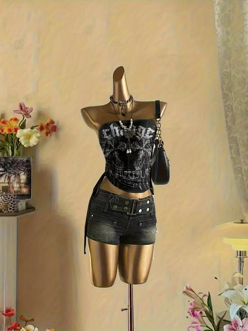 Cropped Top, Women's Vintage Music Note & Letter Print Sleeveless Top