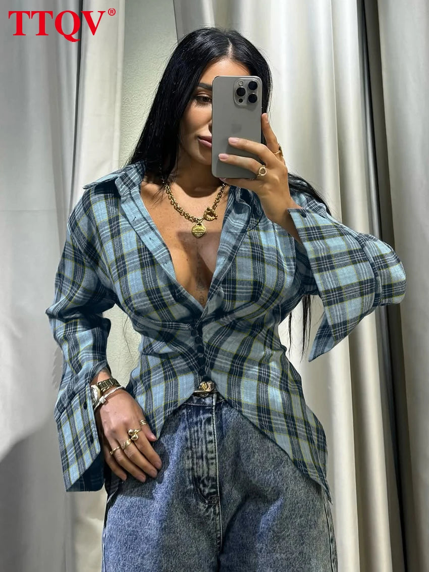 TTQV Fashion Slim Blue Plaid Women's Blouse 2026 Elegant Lapel Long