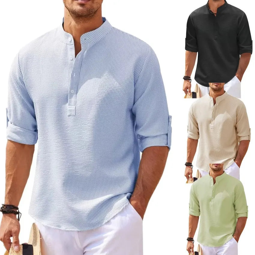 Spring Summer Men's Cotton Linen Polo Shirts Casual Long Sleeve