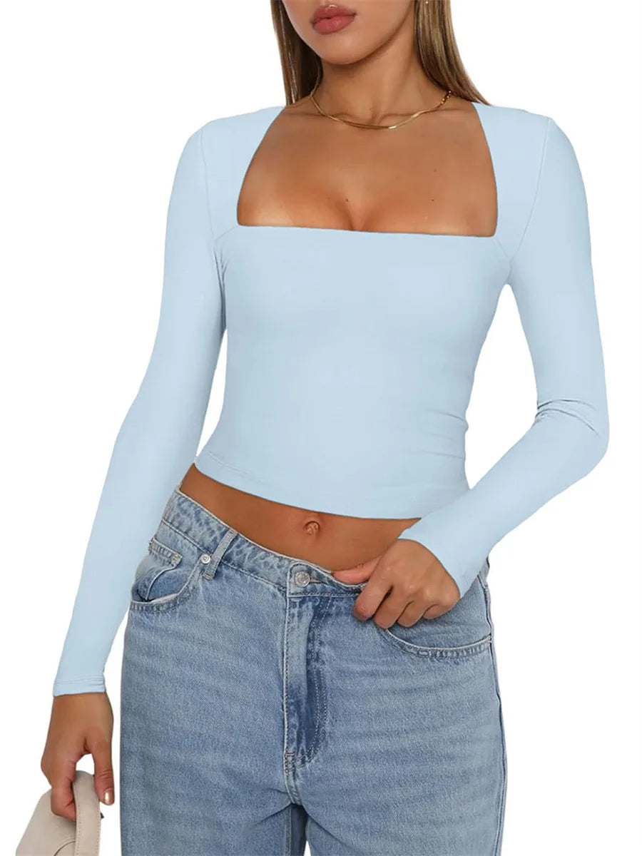 Women's Slim Fit Crop Tops Fashion Long Sleeve Square Neck Solid Color