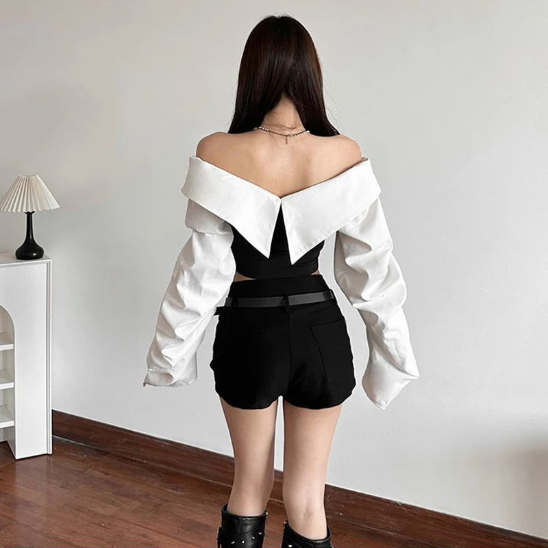 Y2K Slash Neck Shirts Women Streetwear Cropped Patchwork Long Sleeve