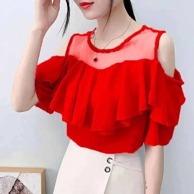 Off Shoulder Sexy Chiffon Blouses Women 2025 Summer Korean Fashion