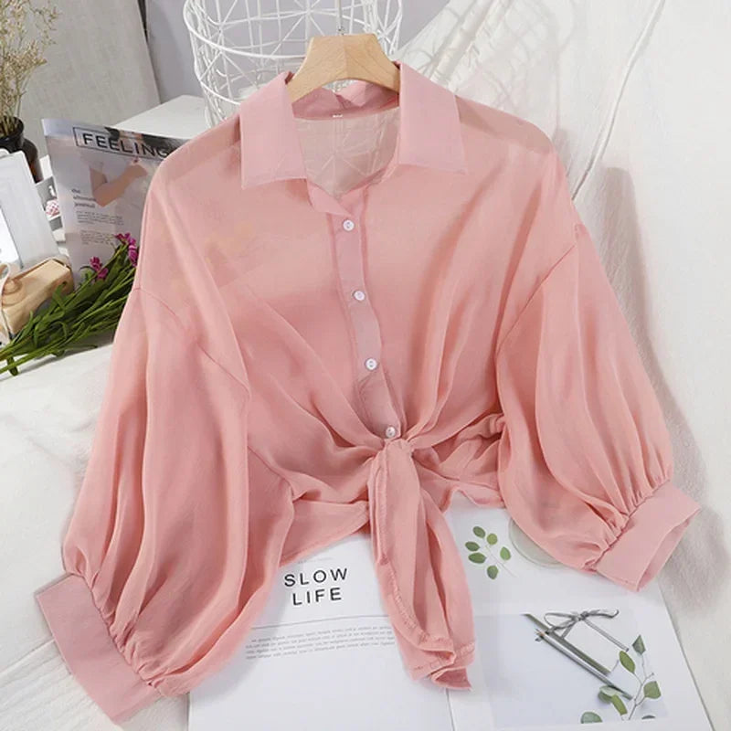 Casual Loose Hollow White Clothes Elegant Solid Color Tied Waist