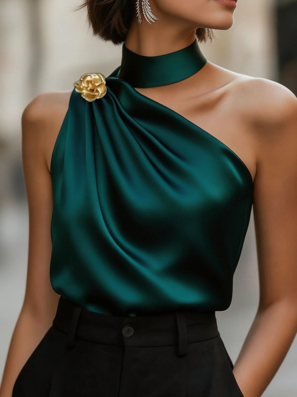 Chic Halter One Shoulder Satin Draped Dark Green Blouse, Sleeveless