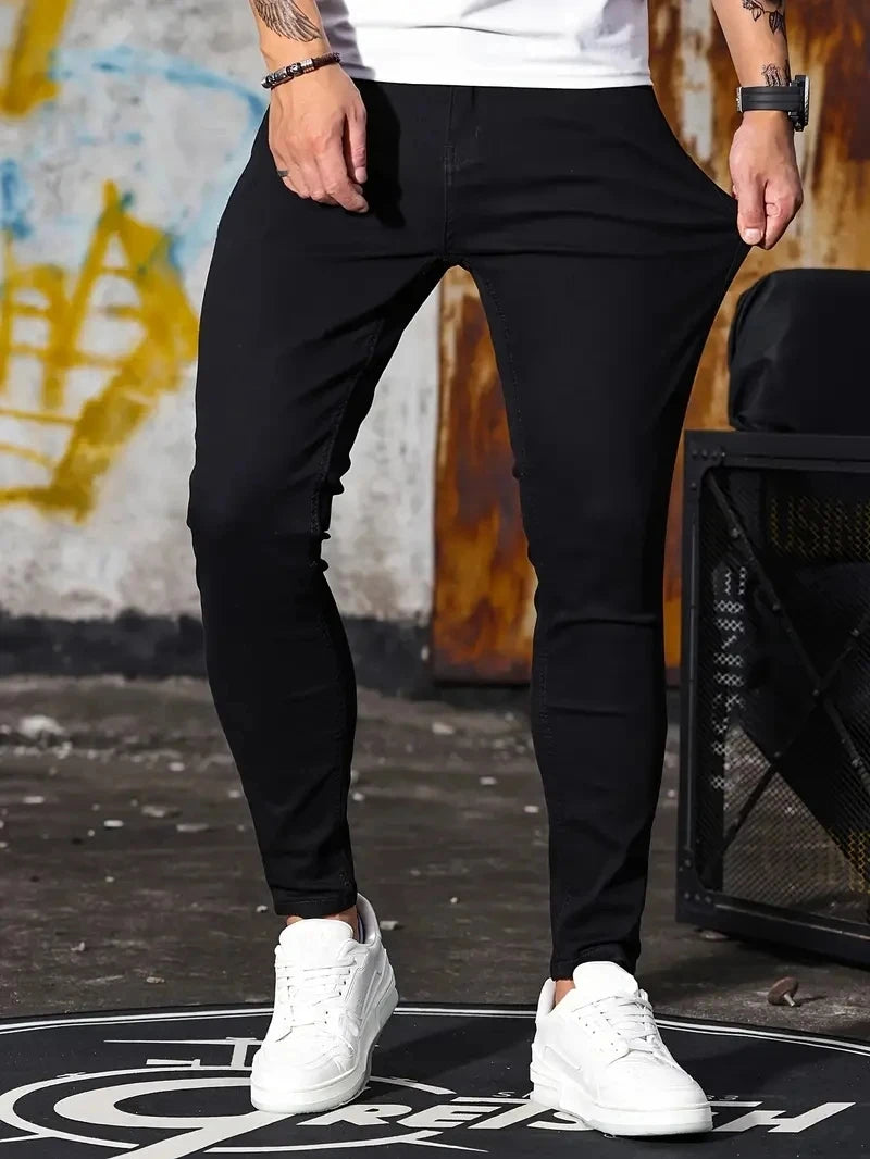 Men Jeans Skyblue Black Zipper Stretch Jeans Casual Slim Fit Trousers