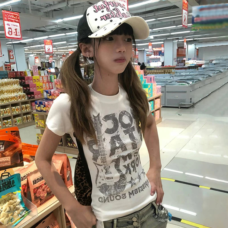 Karrram Japanese Y2k Letter Print T-shirt 2000s Style Short Sleeve