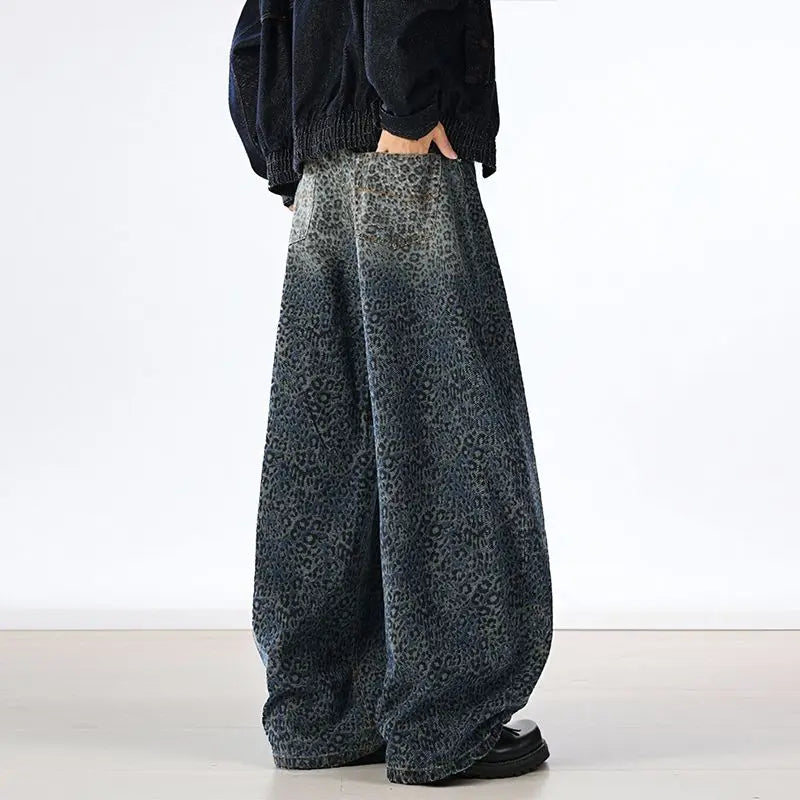 Fashion Men's Gradient Leopard Print Drape Jeans Autumn Loose Straight