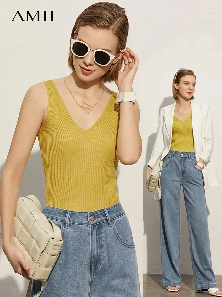 Amii Minimalism Summer New Women's Camisole Tops Office Lady Solid