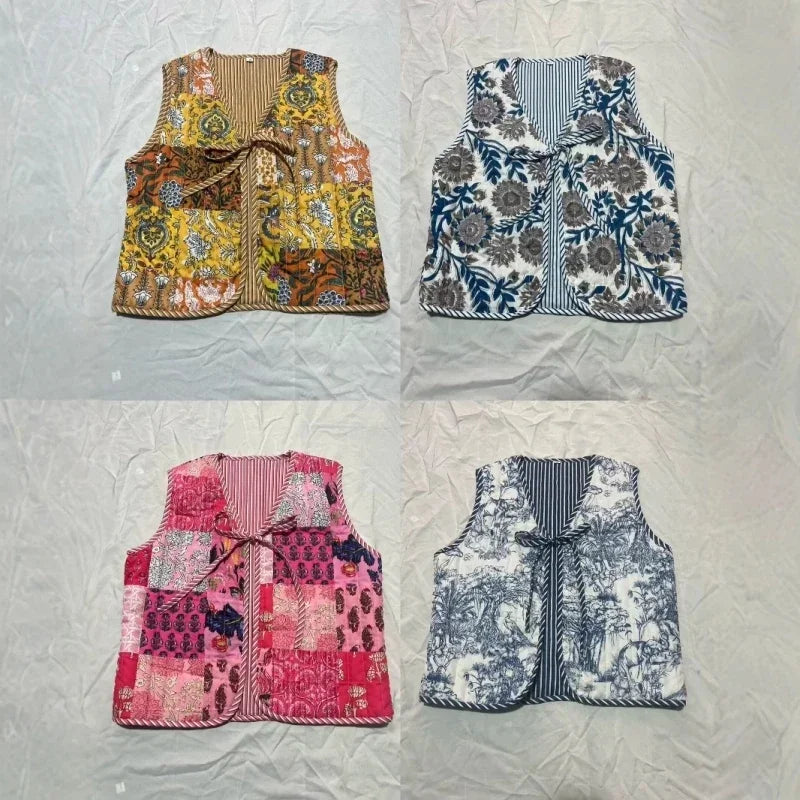 Women National Style Sleeveless Patchwork Floral Print Quilted Vest