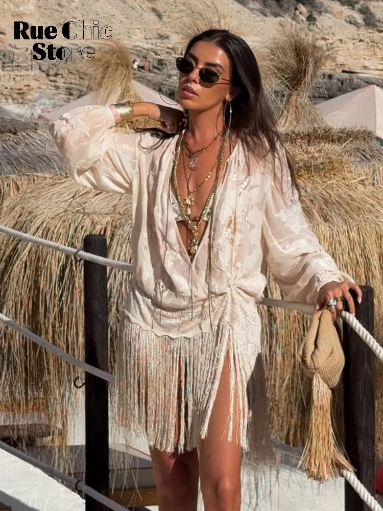 Beige Embroidered Long Tunic Tops Women Chic V Neck Long Sleeves Lace