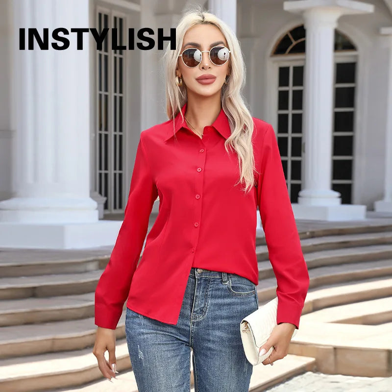 Women Elegant Solid Button Shirt Chiffon Blouse Spring Summer Casual