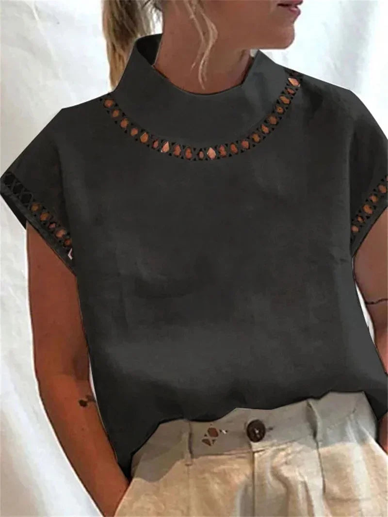 Women Turtleneck Hollow Out Splice Pullover Shirt Summer Solid Color