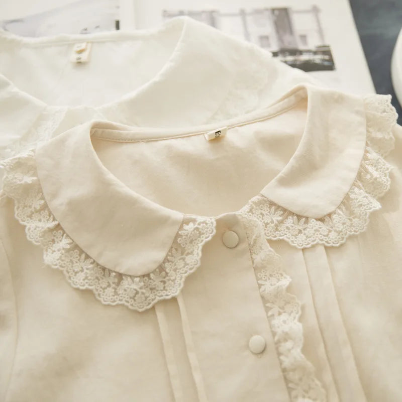 New Autumn 100% Cotton White Shirts Women Solid Cute Tops Girl Peter