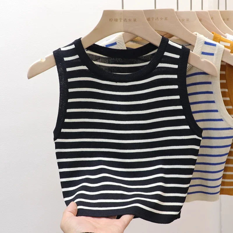 Summer Spring Striped Tank Tops Women Sleeveless Knitted T-Shirts Crop