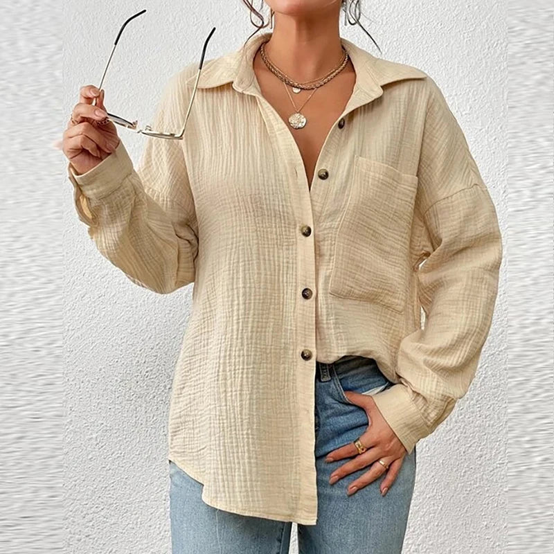 100% Cotton Gauze Muslin Women Shirts Casual Turn Down Collar Long