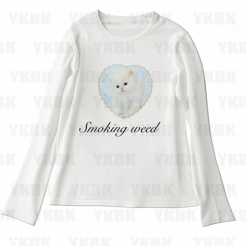 Y2k T-shir Kitty Cat Print Women Clothing Gothic Emo Cropped Harajuku